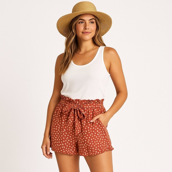 Billabong Pants - Billabong “Flirt For It” Paperbag Shorts — XL — Henna Rust Dots, Tie-Front